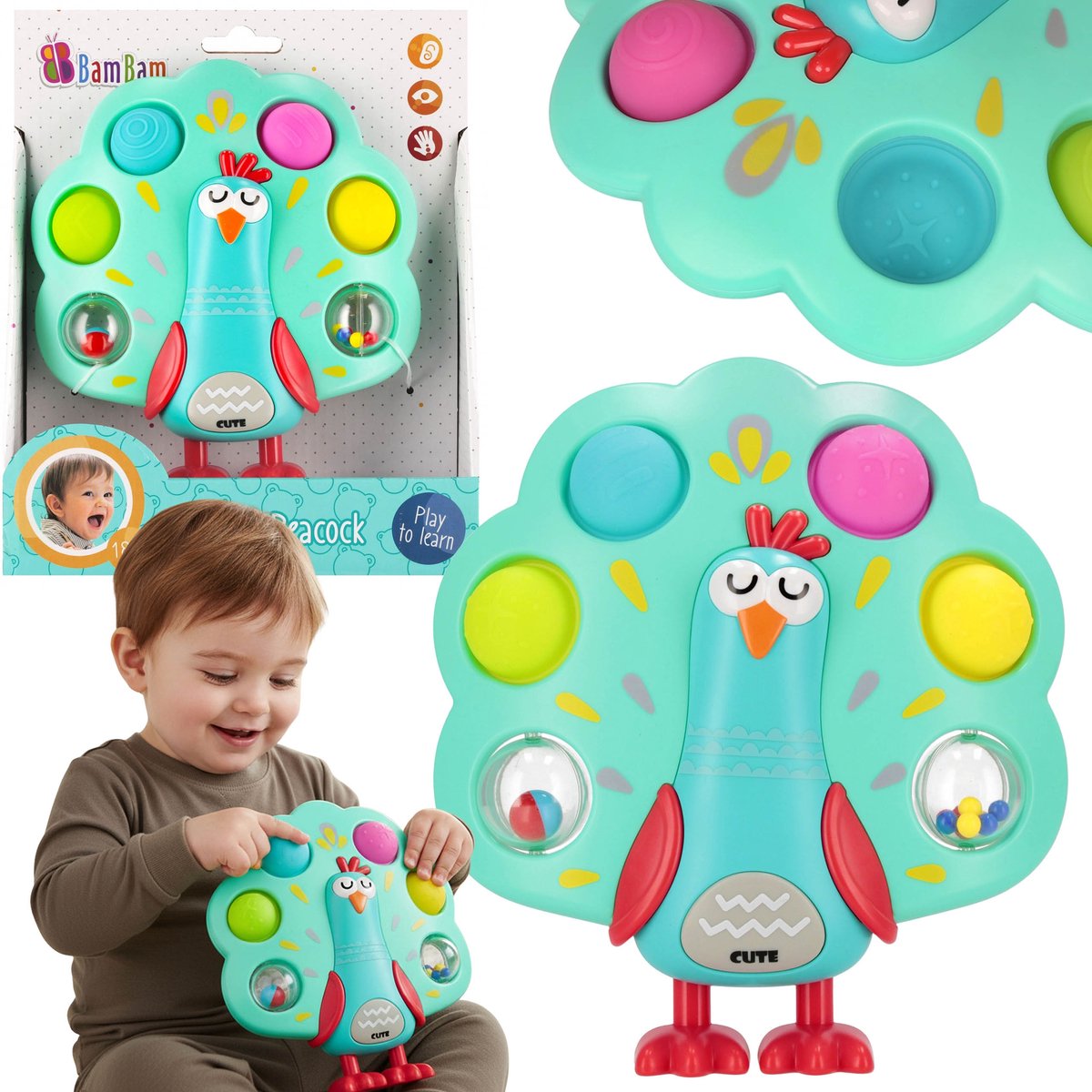 Bam Bam Sensorisch speelgoed PAUW, POP IT voor kinderen, kleurrijk educatief speelgoed 18m+