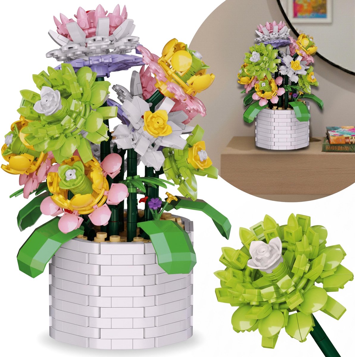 Bouwstenen succulenten, COMPATIBEL MET LEGO, BLOEMEN in een pot, DIY-SET, 1043 stuks 6+