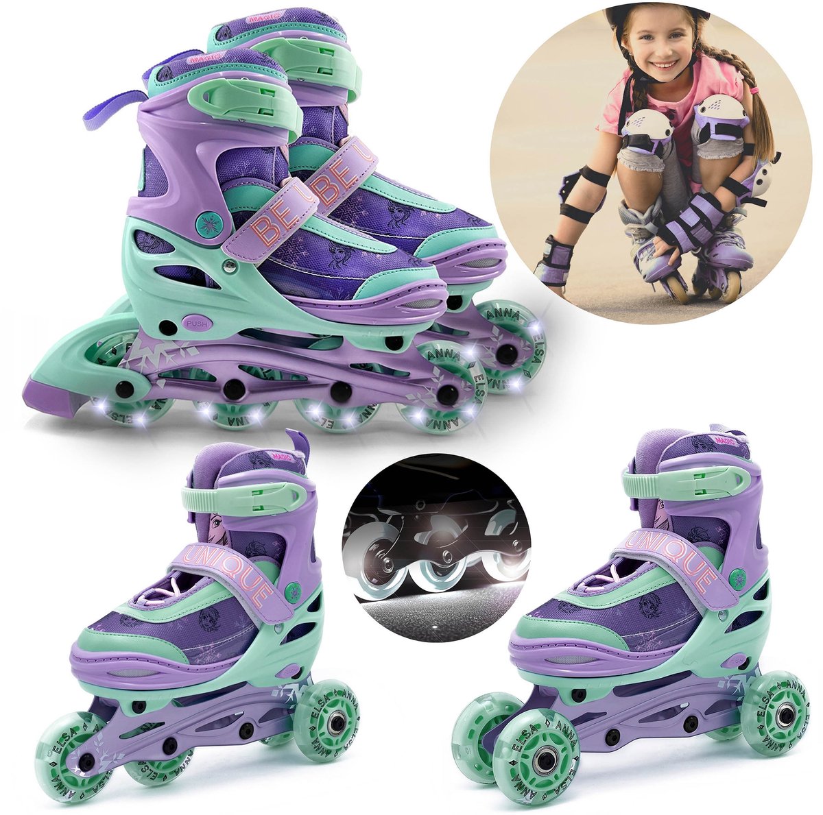 DISNEY Frozen Softboot rolschaatsen 3-in-1 voor kinderen, verstelbaar, LED – klassiek, trainingsstand, rolschaatsen