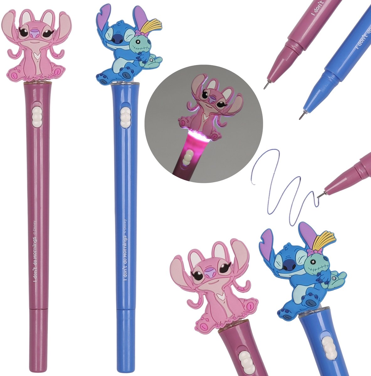DISNEY Stitch 2x LICHTGEVENDE gelpen, blauwe inkt, school, pen met cijfer SET