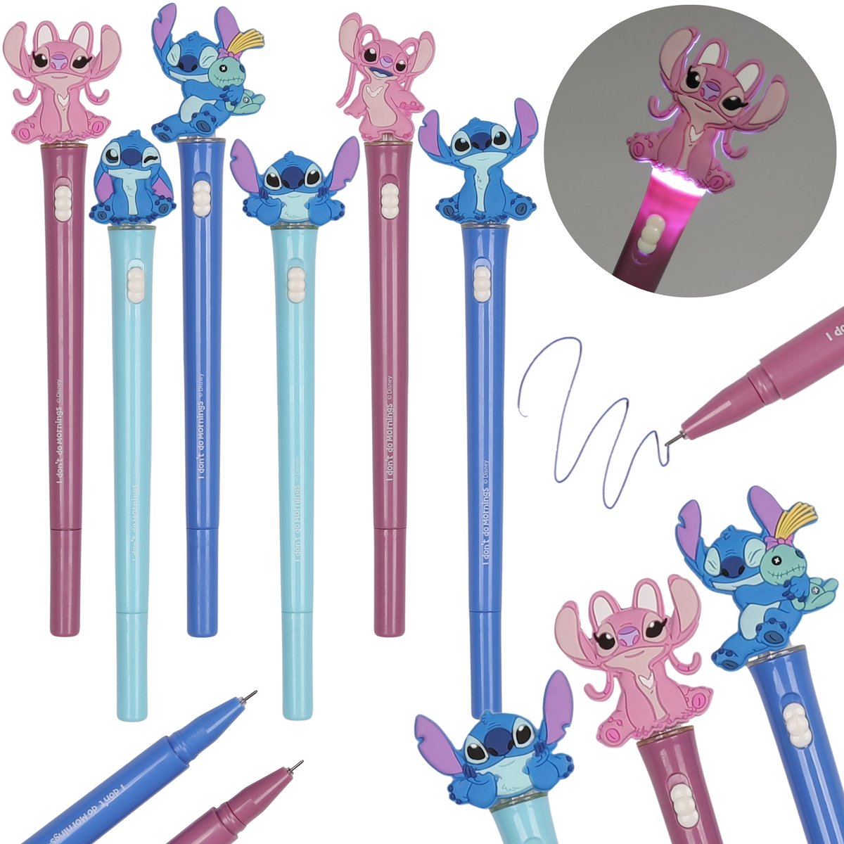 DISNEY Stitch LICHTGEVENDE gelpen, blauwe inkt, school, pen met figuur