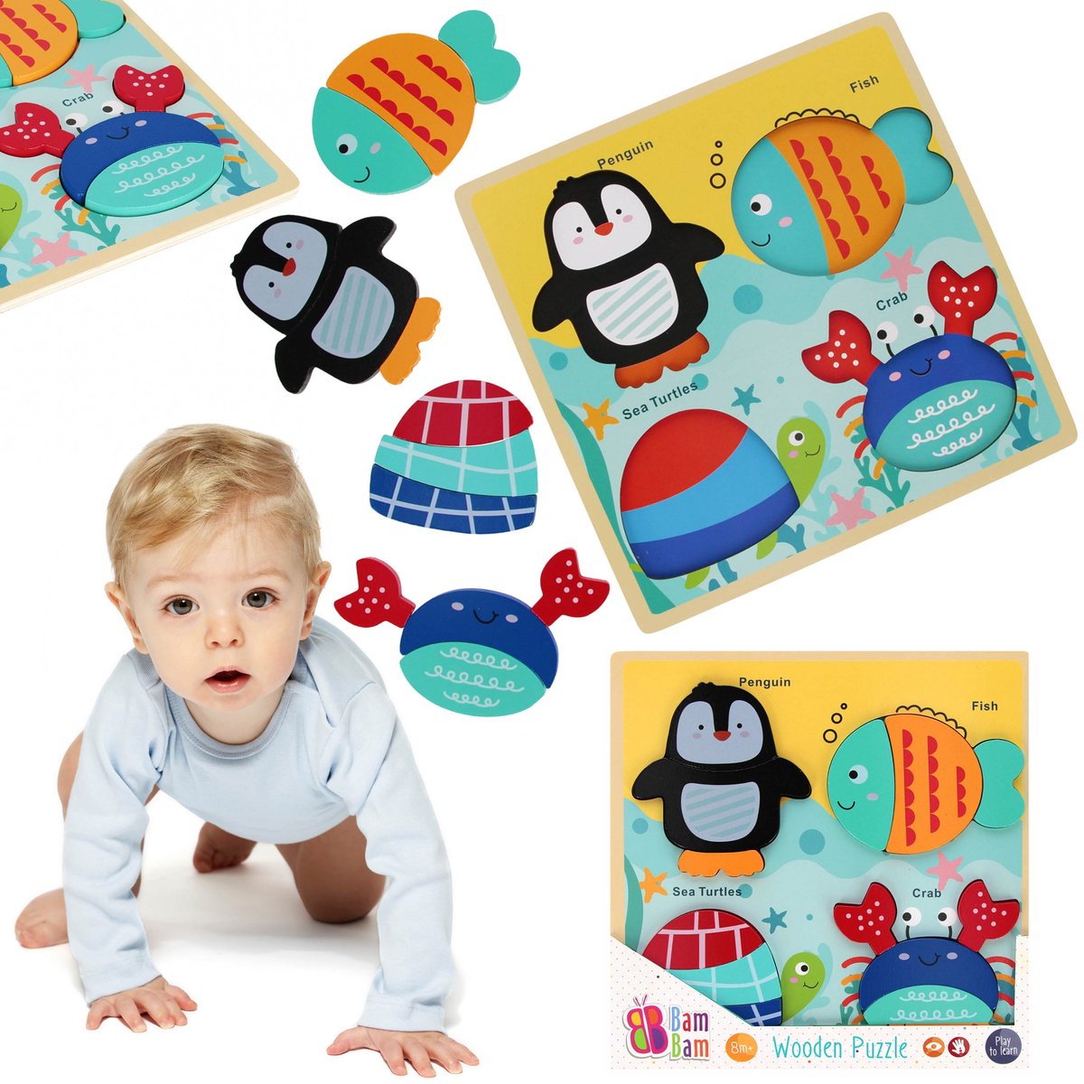 HOUTEN puzzel voor kinderen, educatieve puzzel, GROTE stukken, 4 puzzels oceaan 8m+ Bam Bam