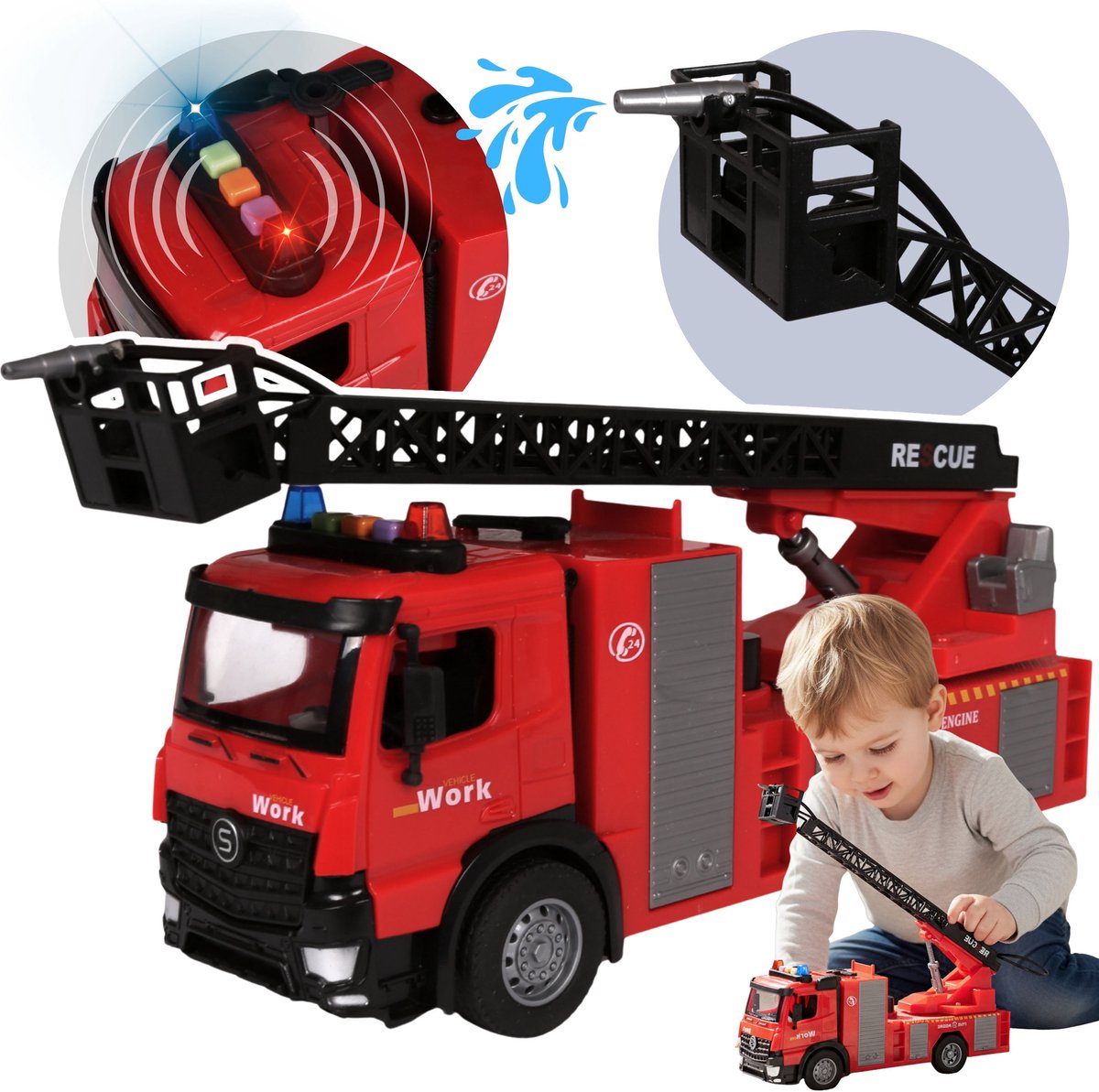 INTERACTIEVE brandweerwagen MET WATER, Brandweer met LED-verlichting, GELUID, Auto 1:16