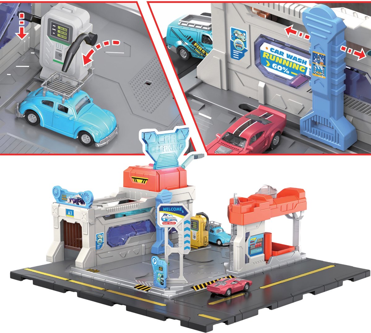 Interactieve PARKEERPLATS, Speelgoedautowasstraat, Tankstation + autos, LICHT, GELUID 3+