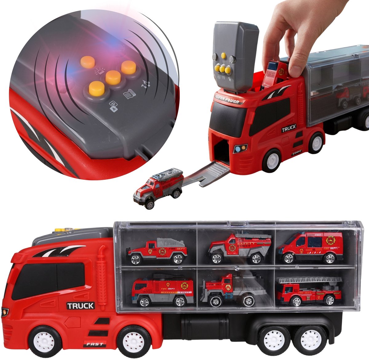 Vrachtwagen TRANSPORTER met 6 autos + accessoires, AUTOTRANSPORTER voor kinderen LICHT GELUID 3+ MEGA CREATIVE