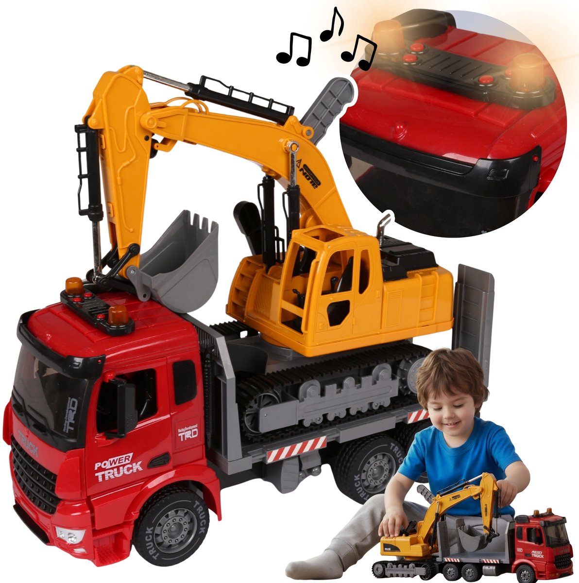 Vrachtwagen met graafmachine, BOUWSET met LICHT GELUID effecten, bewegende onderdelen MEGA CREATIVE