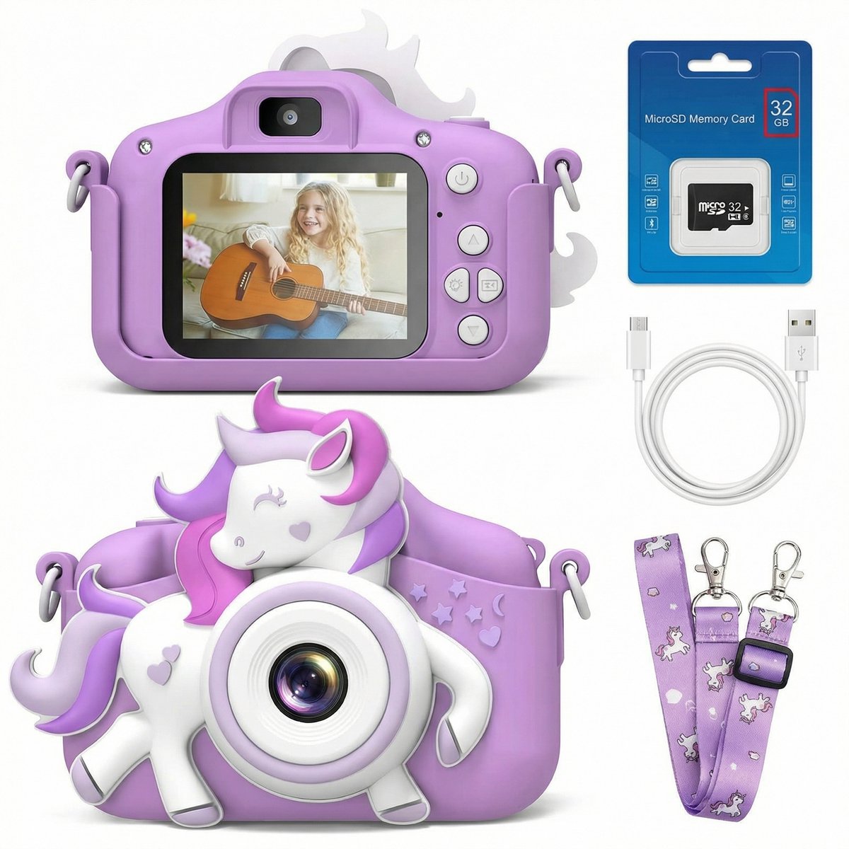 Kindercamera - Digitale Camera voor Kinderen - 1080P HD & 20MP - Selfie & Vlog - Inclusief 32GB SD Kaart & Creatieve Filters - Schokbestendig Speelgoed Fototoestel - Unicorn Paars