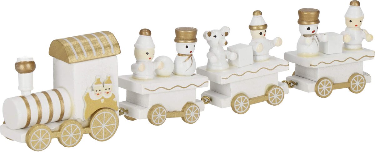 Springos Kerstdecoratie - Trein - Hout - Wit - Goud