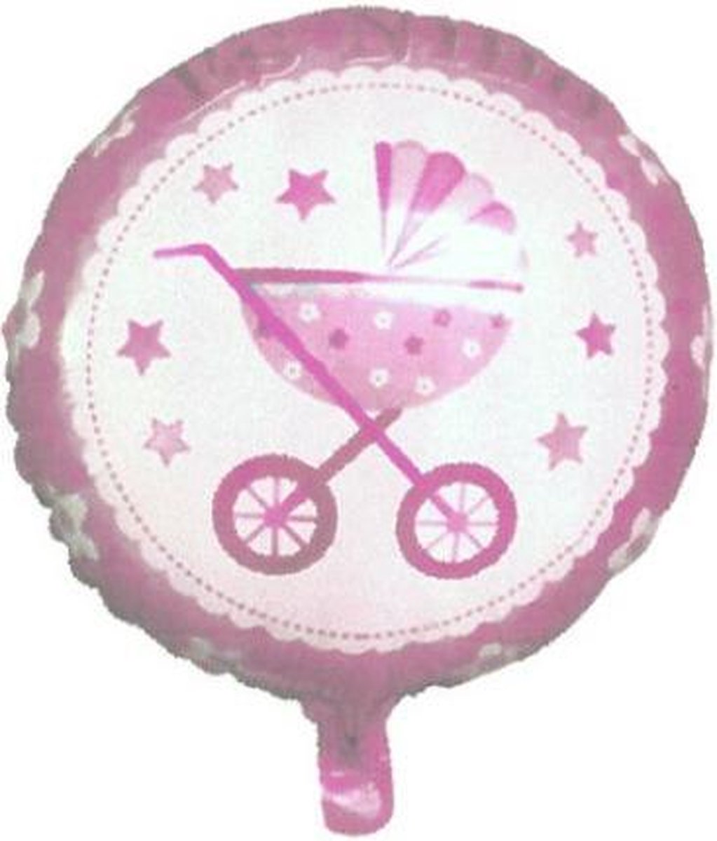 Folie Ballon met roze kinderwagen ca. 45cm -baby