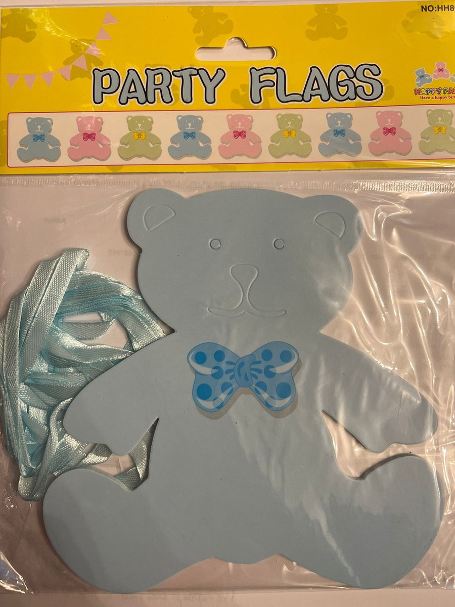 Vlaggenlijn Beer blauw 15 cm x 15 cm 9 stuks met blauw lint - baby shower