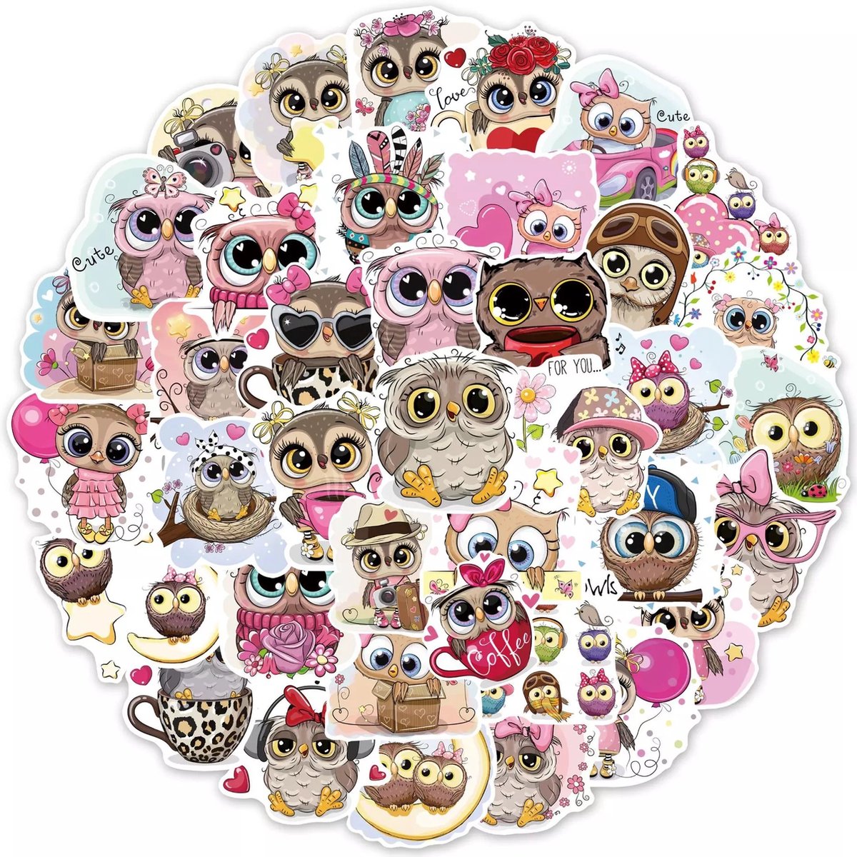 50x sticker Uiltjes - Schattige Uil Kinderstickers - Getekende dieren voor op de fiets, beker, laptop, schoolspullen, kamer, etc - School - Kinderen - Stickers - Plakken - Stikker - Bundel - Set - 50 - Animals