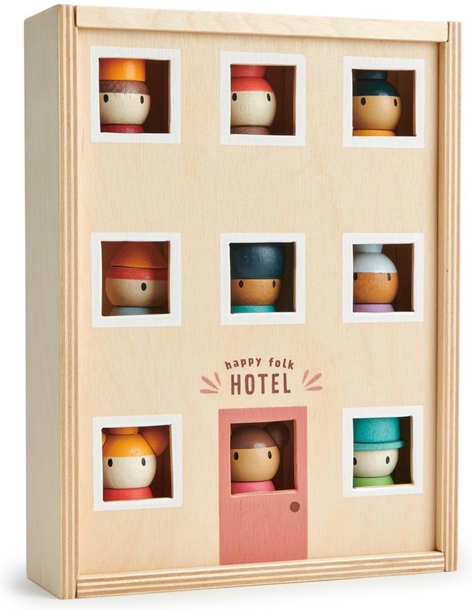 Tender Leaf Preschool: HOTEL HAPPY FOLK 19,5x6x25cm, in hout, in doos  19,8x6,6x26,4cm, 3+