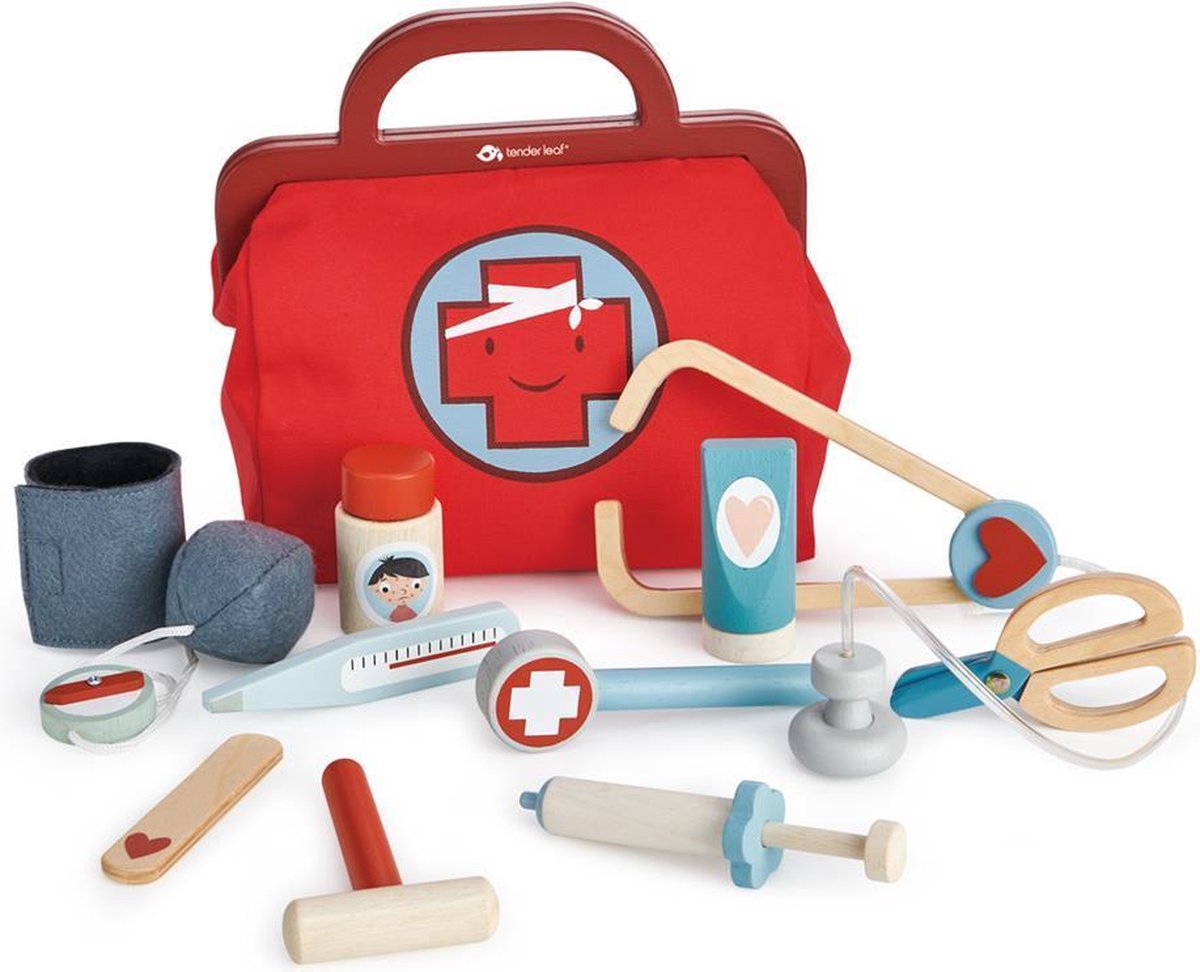 Tender Leaf Speelset: DOKTERSTAS 24,5x16x24cm, met bedrukte canvas tas en  accessoires, in hout, in doos 28,5x15,8x23,2cm, 3+