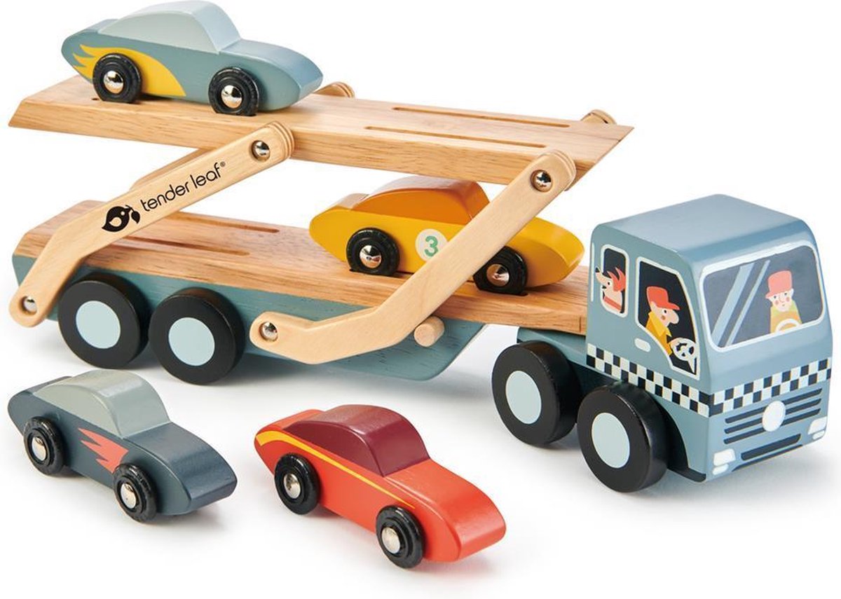 Tender Leaf Transport: AUTOTRANSPORTER 51,5x8x13cm, in hout, in doos  33x8,9x12,2cm, 3+