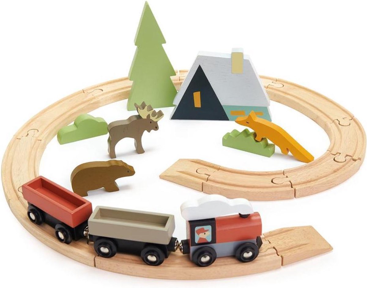 Tender Leaf Trein: TREINENSET TREE TOPS 41x44x14cm, trein met 2 wagons,  sporen en accessoires, in hout, in doos 31,9x24,5x5cm, 3+