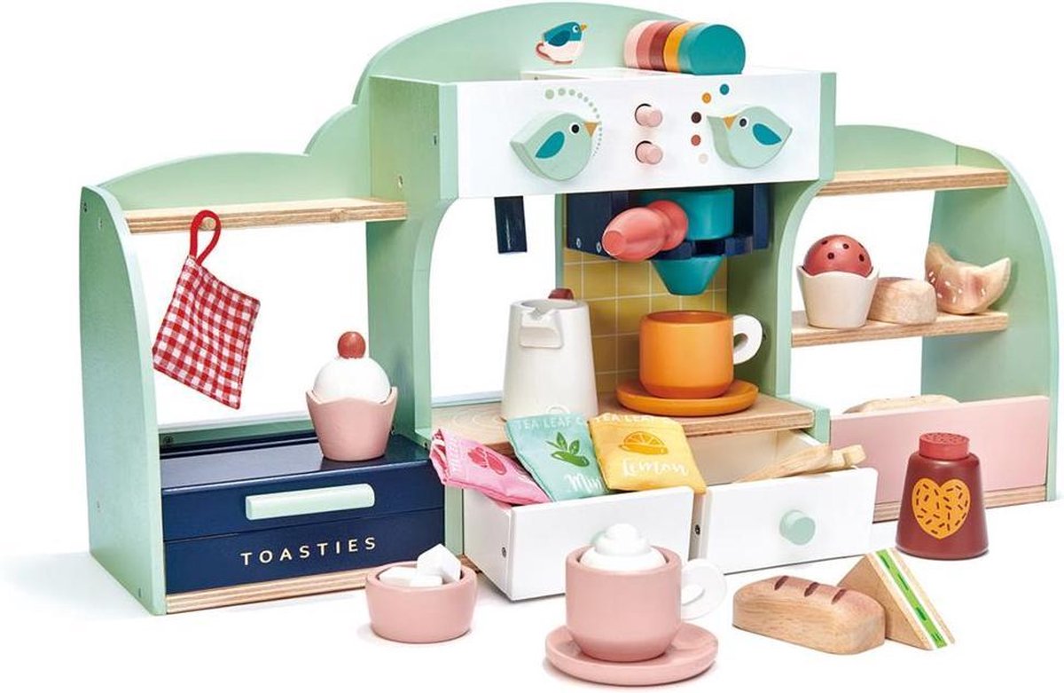 Tender Leaf Toys Playing: CAFÉ BIRDS NEST 50,2x13,5x27,2cm, met alle accessoires om je eigen koffiehuisje uit te baten, in hout, in doos  51,7x15,8x30,7cm, 3+