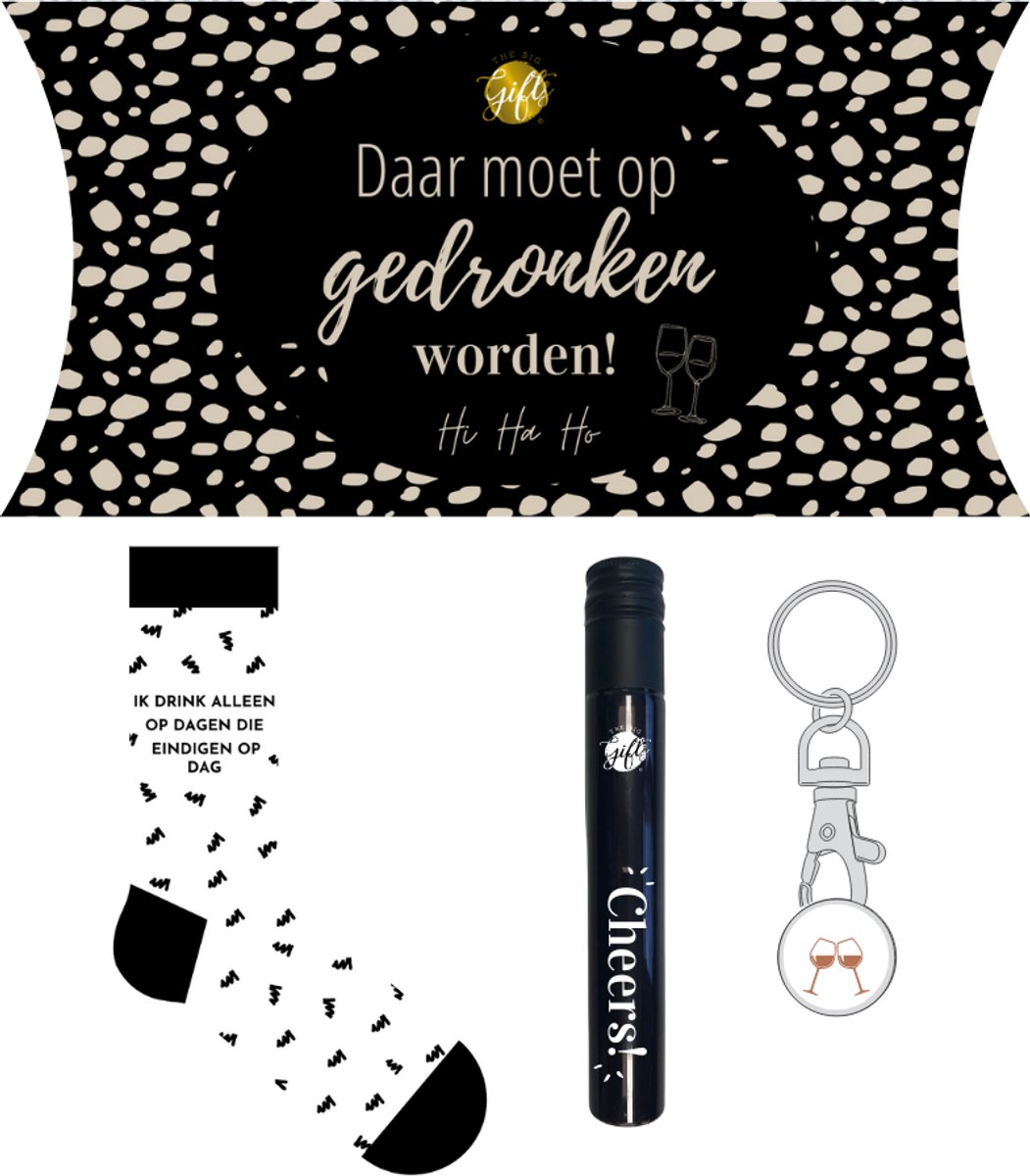 The Big Gifts - Cadeaupakket - Daar moet op gedronken worden - Sokken - winkelwagenmuntje - wijn