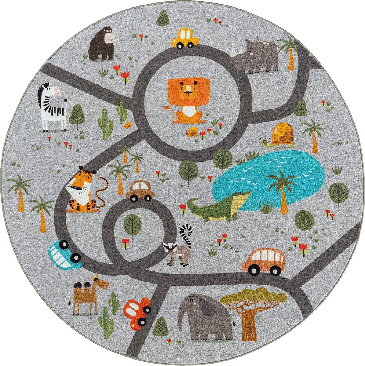 the carpet Happy Life Kinderkamer, kindertapijt, speeltapijt, wasbaar, dieren, jungle, auto, grijs met safari motief 160 cm rond