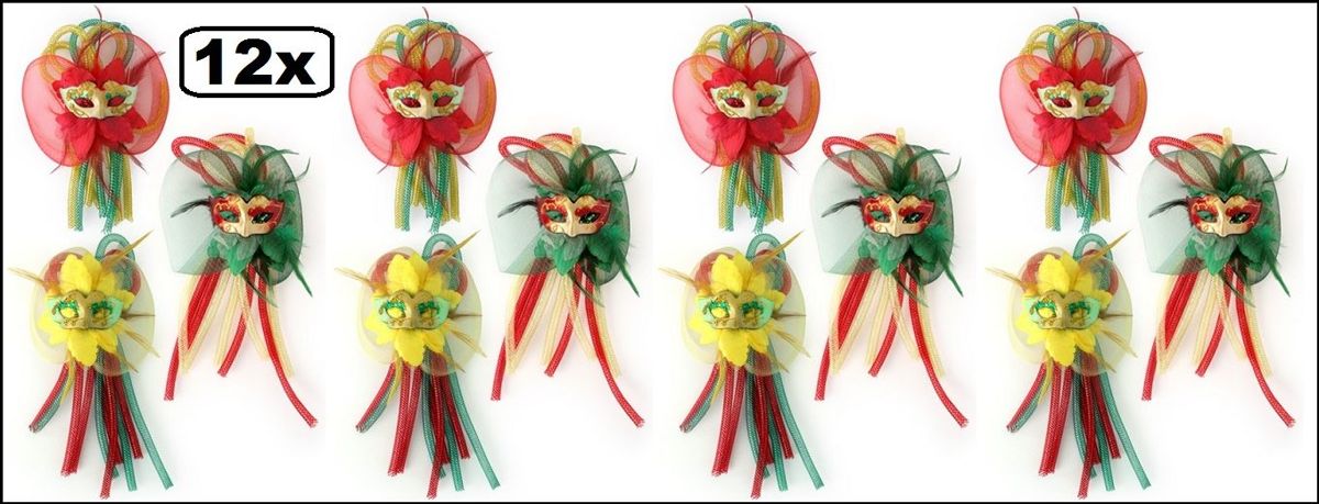12x Broche bloem, tubes en oogmasker assortie