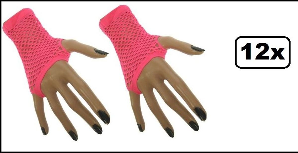 12x Paar Nethandschoen kort vingerloos fluor pink