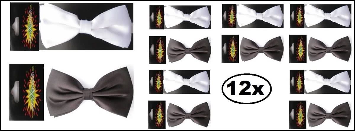 12x Vlinderstrik met elastiek satijn zwart en wit