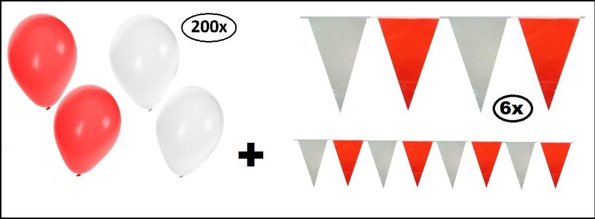 200x Ballonnen rood/wit en 6x Vlaglijn rood/wit