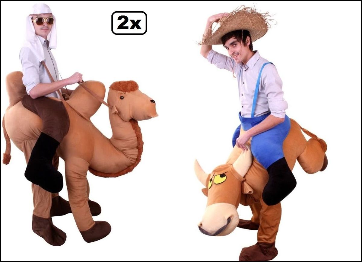 2x Kostuum Rijdend op kameel en Rijdend op stier