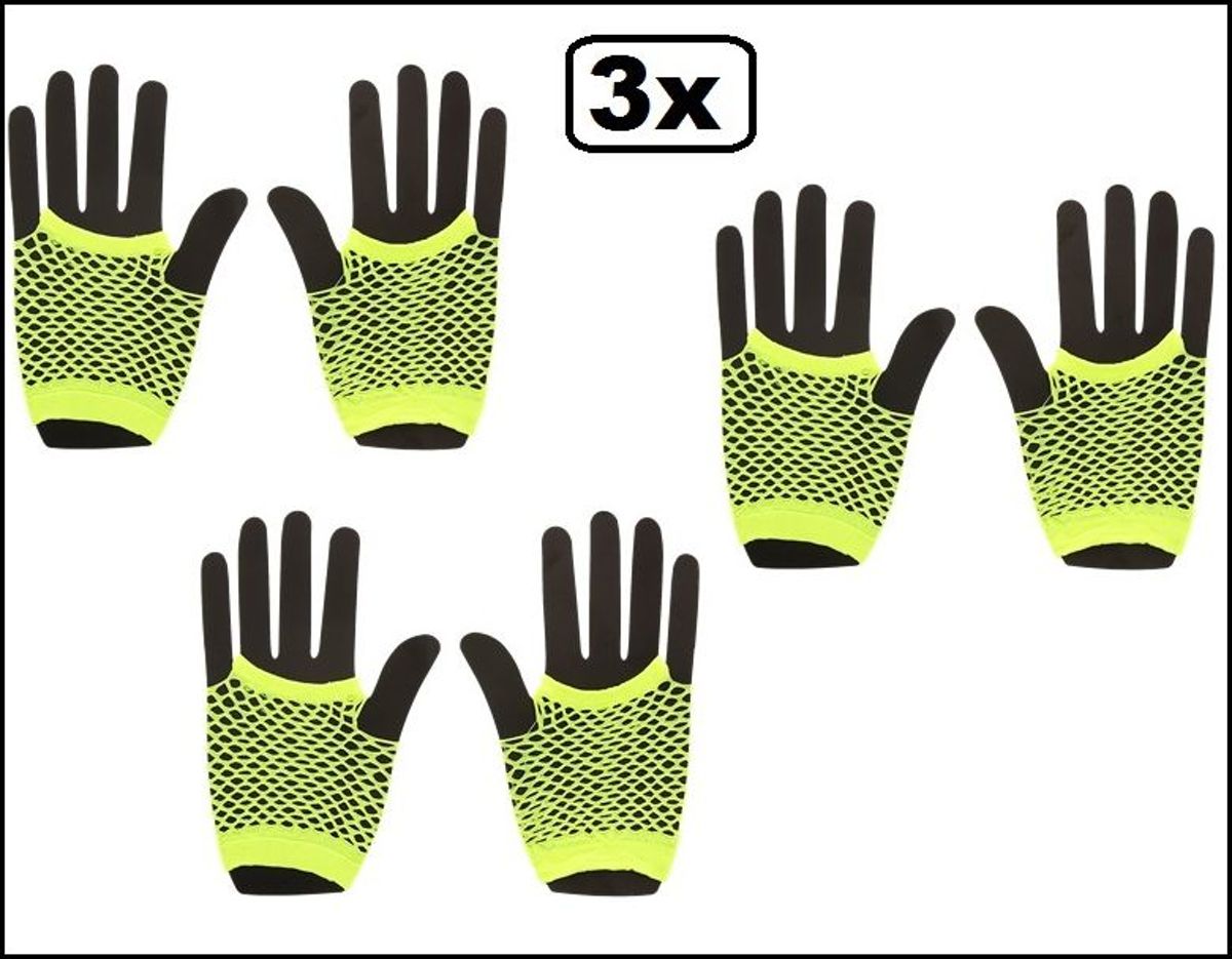 3x Paar nethandschoenen vingerloos neon geel