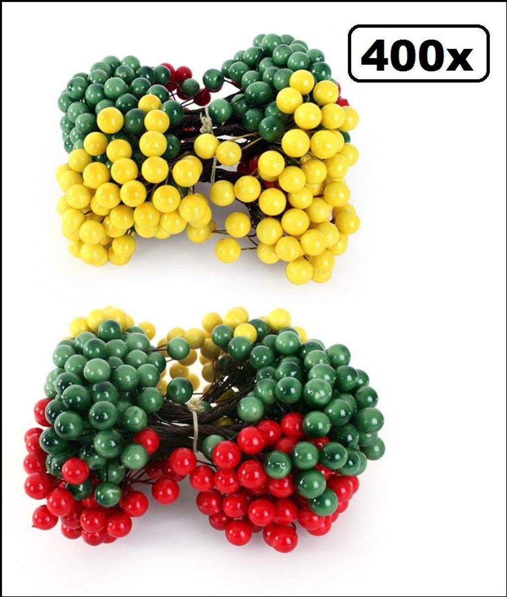 400x Decoratie bessen rood/geel/groen op draad