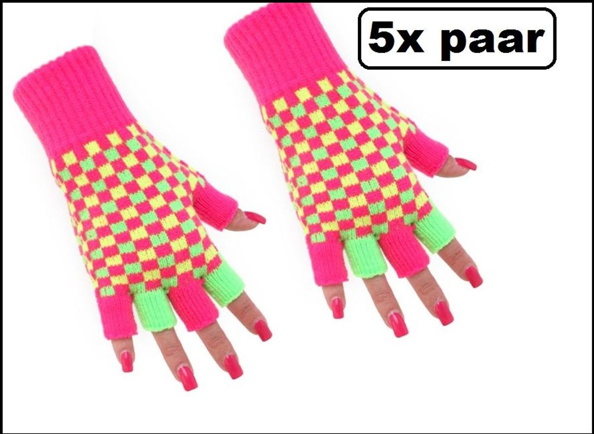 5x Paar vingerloze handschoen neon geblokt