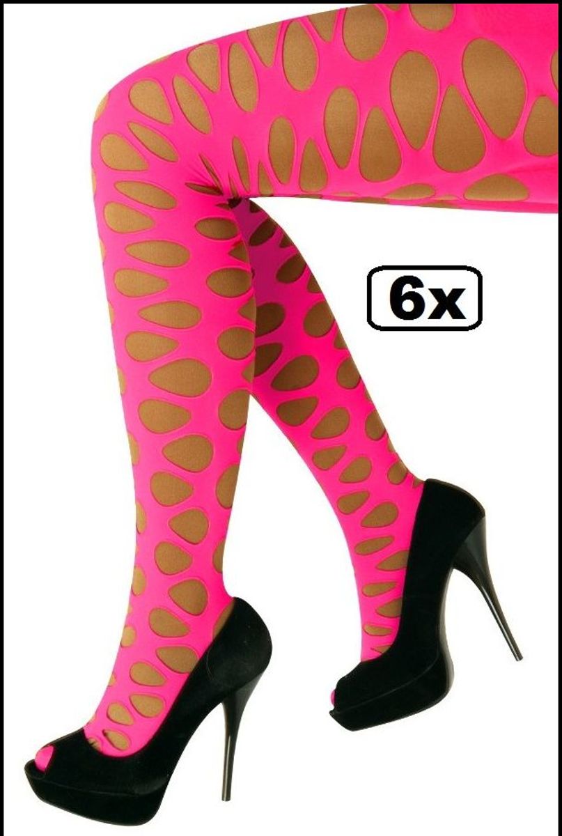 6x Dames panty grote gaten pink mt.L/XL