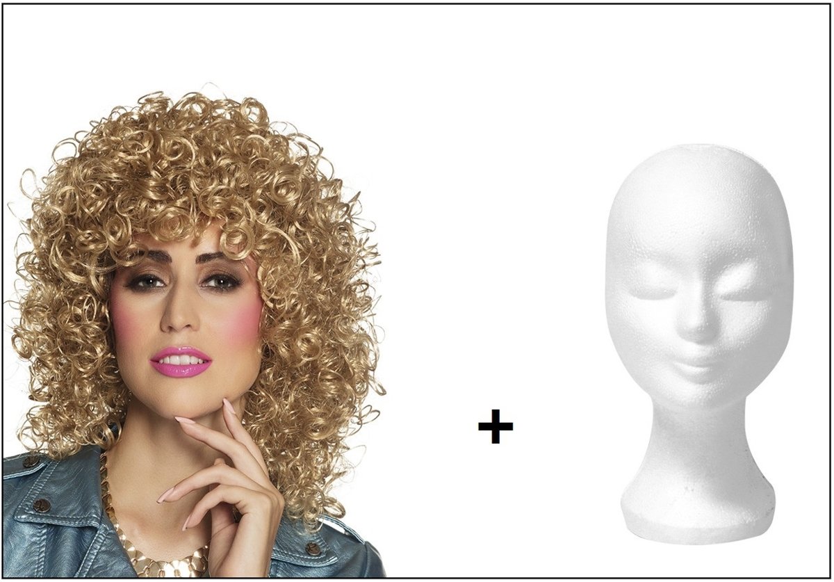 Pruik met krullen Club blond en pruikenhouder