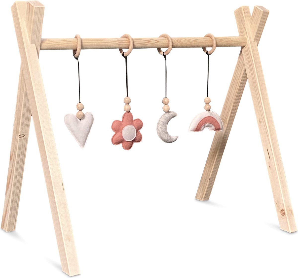 Toddie - Blank houten babygym, met bloem en regenboog vilthangers - Tipi vorm massief hout