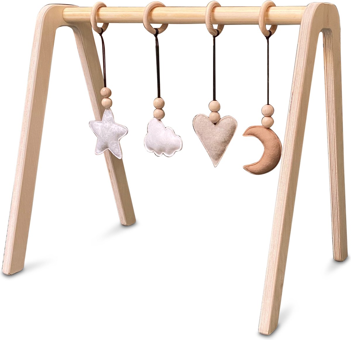 Toddie - Blank houten babygym , met naturel hangers - speelboog massief hout