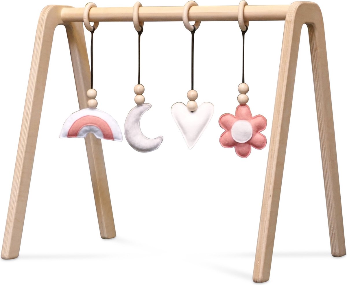 Toddie - Blank houten babygym - met bloem en regenboog - speelboog massief hout - playgym baby