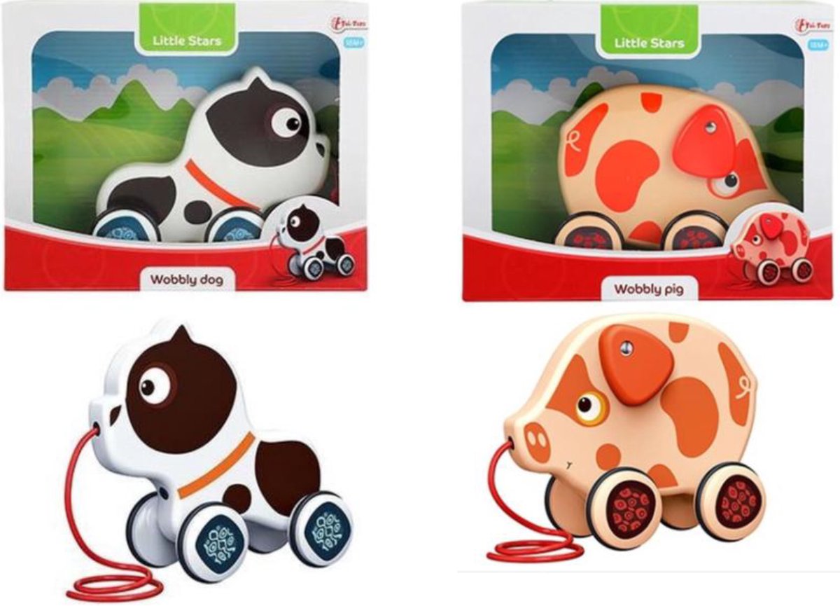 TREKDIER - SET VAN TWEE - AANBIEDING - TWEE TREKDIEREN - TOI-TOYS - VARKEN EN HOND - TREKFIGUUR