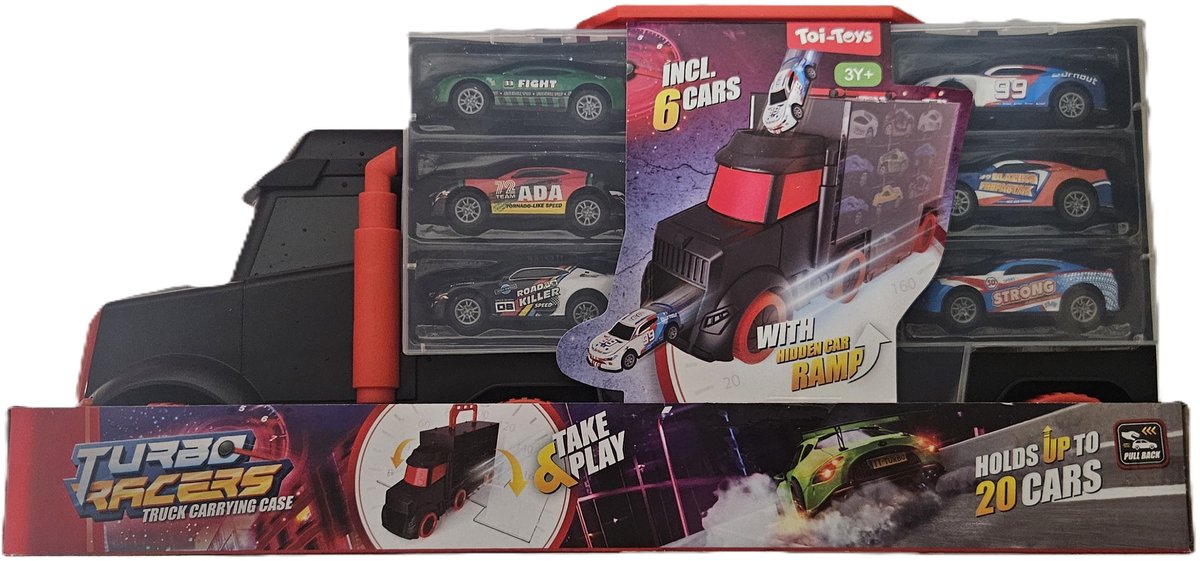 toi-toys vrachtwagen opbergbox voor 20 auto,s met race ramp en 6 autos