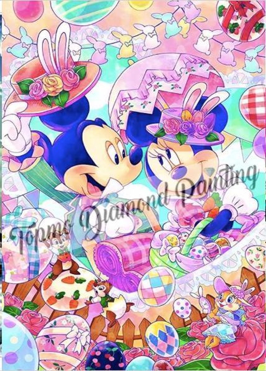 TOPMO - Mickey & Minnie Mouse vieren Pasen- Disney- 40X50CM- Diamond painting pakket - HQ Diamond Painting - VOLLEDIG dekkend - Diamant Schilderen - voor Volwassenen – ROND- Diamond DOTZ