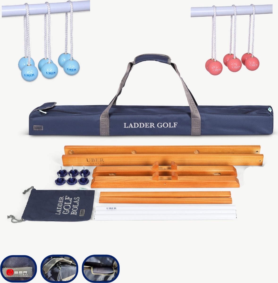 Ubergames - Laddergolf spel - Harde Golf Ballen - Hemelblauw/Koraal Rood - Hardhout - Met Tas