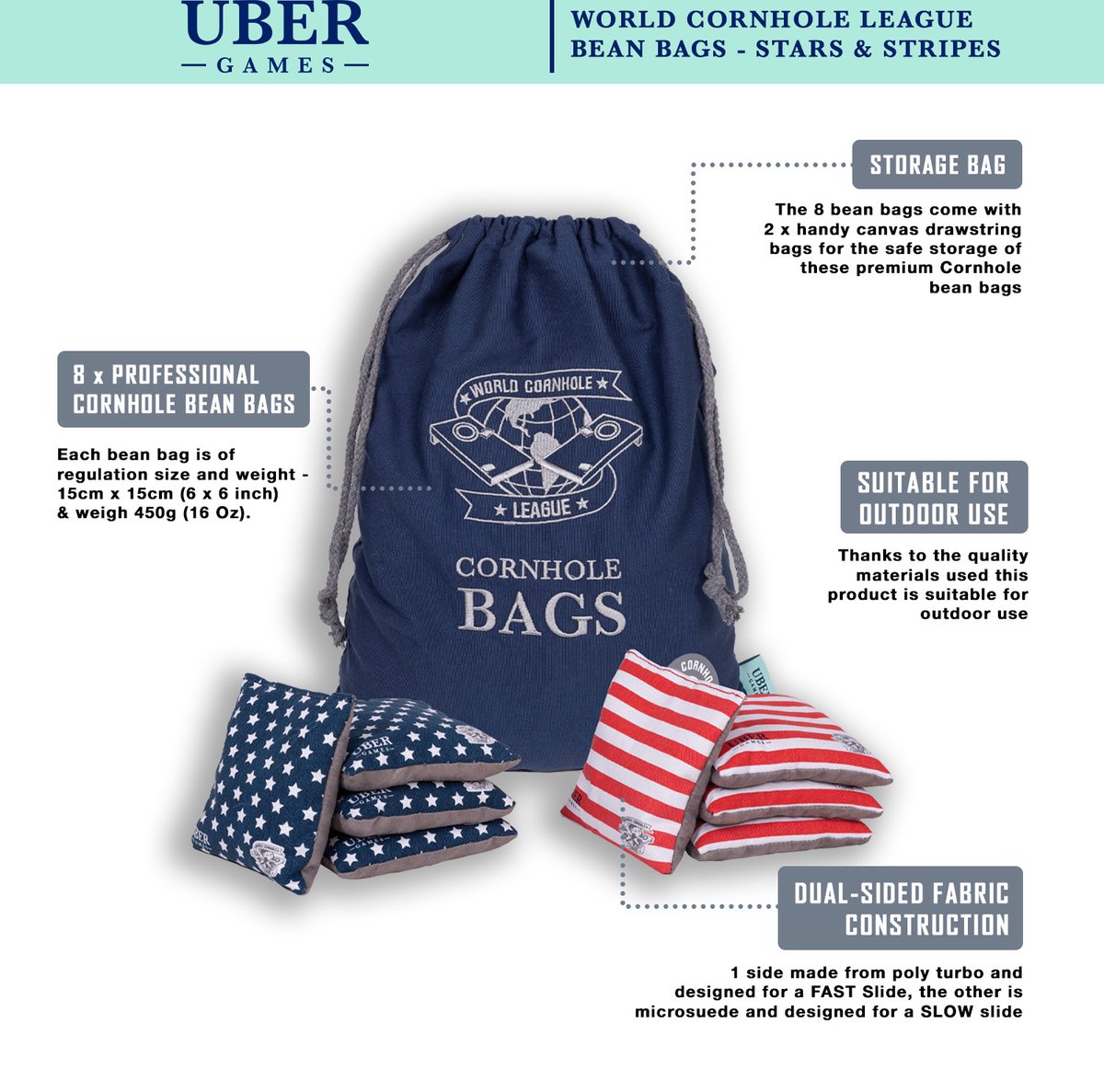 Ubergames - World Cornhole League - 8 Bean Bags - Slow & Fast side - In luxe Tas - Profi - USA Vlag Design