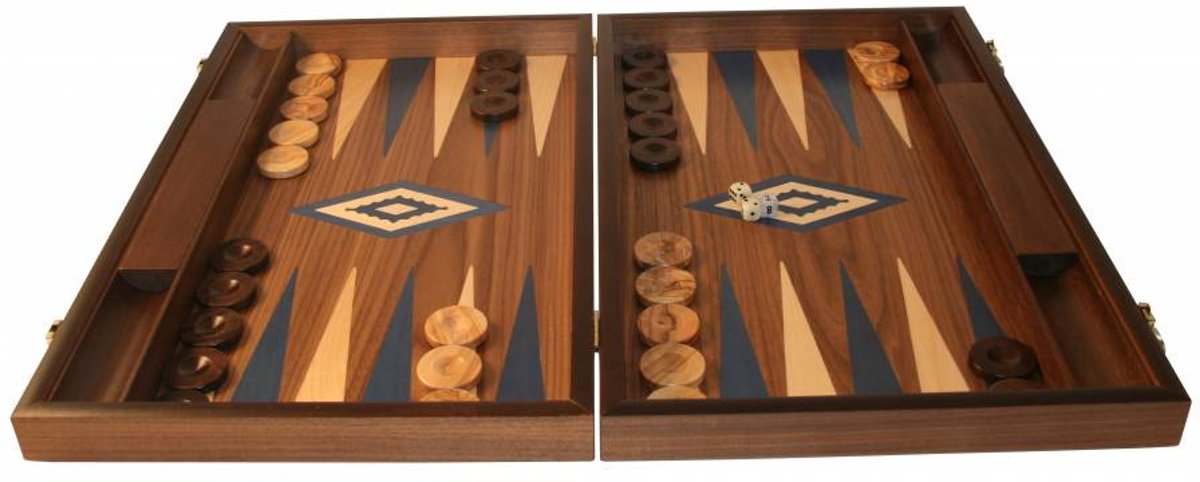 Walnoothout Backgammon - Blauwe  inleg, 48 x 60 x 4 x 8 cm