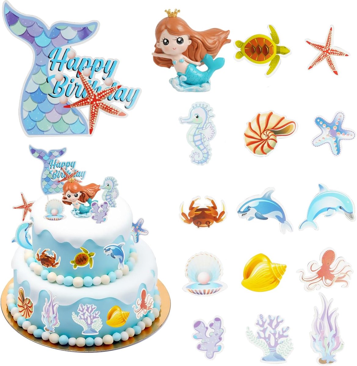 16-delige Zeemeermin Cake Toppers Set - Zeemeermin Feestversiering Kit met Zeesterren, Schelpen, Dolfijnen, Ballonnen en Happy Birthday Banner - Verjaardag Decoratie voor Kinderen, Jongen en Meisje, Baby Shower en Feest