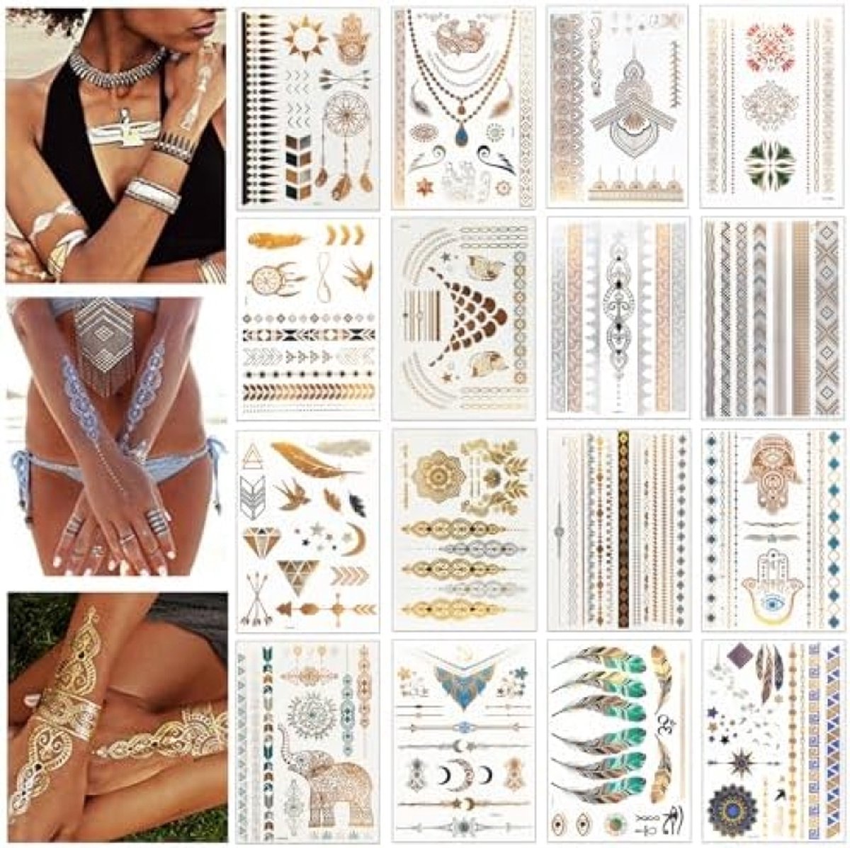 Gouden tatoeages, 16 vellen, 140+ tatoeages, gouden metallic flash, waterdicht, voor carnaval en feestaccessoires