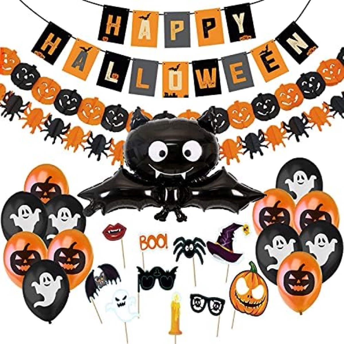 Halloween Decoratie Set, Happy Halloween Decoratie Garland, Grote Vleermuis Pompoenen en Spinnen Wimpelsluiting, Griezelig Fotorekwisieten, Ballonnen voor Halloweenfeest Kinderen