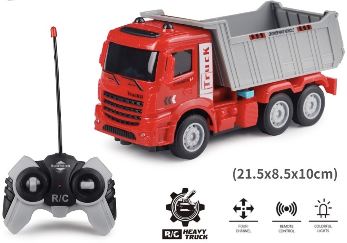 OODBLUE RC Truck – Afstandsbediening Vrachtwagen met Lichten – 1:20 Schaal – 4-Kanaals Besturing – Speelgoed voor Kinderen 3+ Jaar – rode Kiepwagen