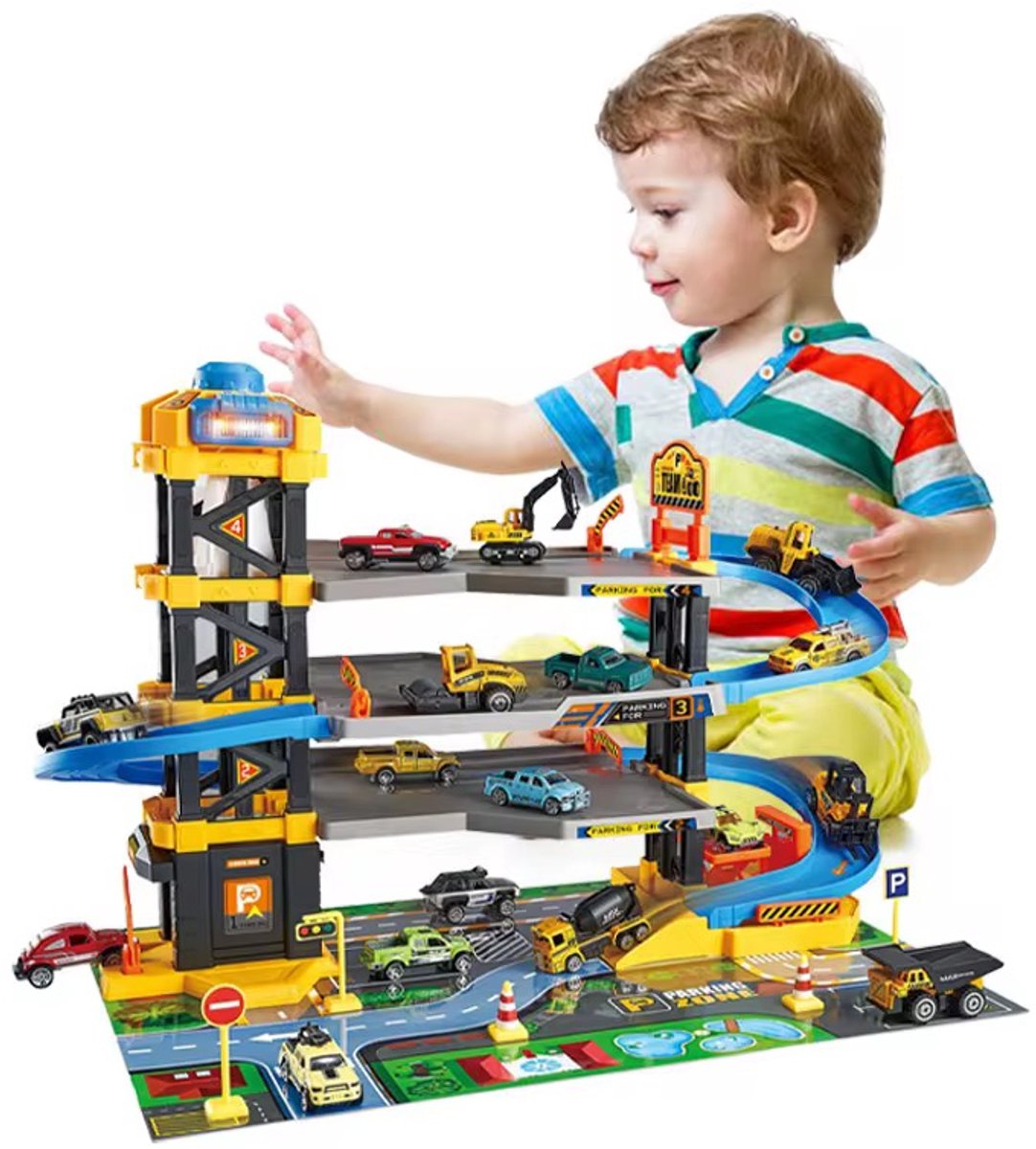 Super Garage Speelset met Bouwvoertuigen – 64-delige Parkeergarage met Licht & Geluid – Inclusief Die-Cast Auto’s – Racebaan voor Kinderen