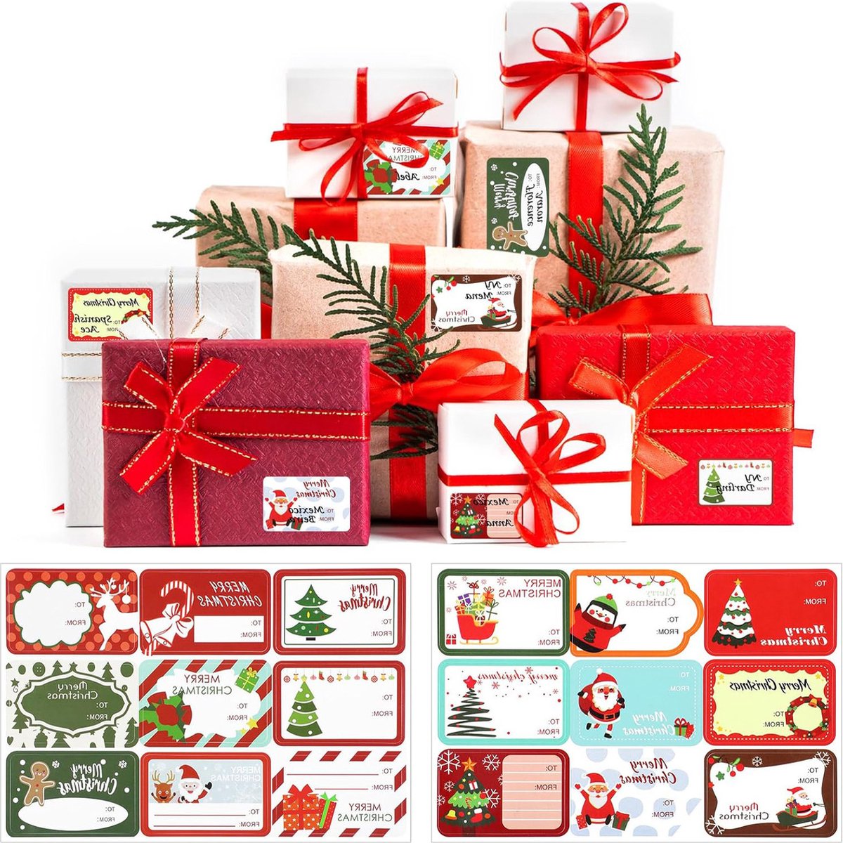 oCreon 180 Stuks Kerst Stickerlabels - 18 Ontwerpen Zelfklevende Geschenktags voor Feest en Vakantie