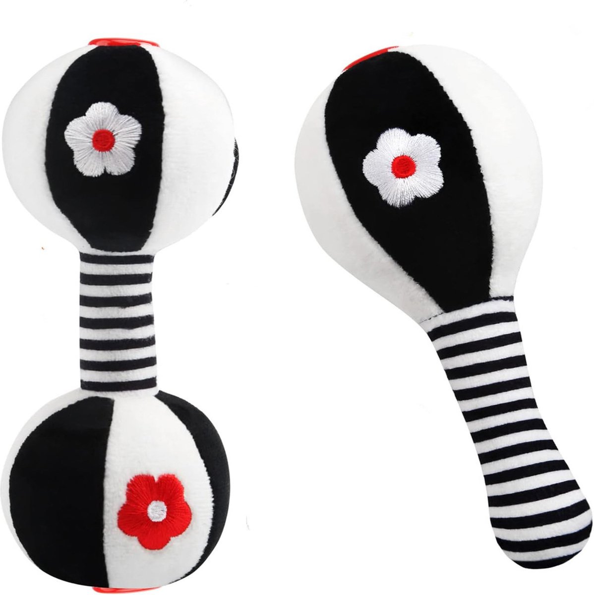 oCreon Speelgoed Babys 0-12 Maanden - Zwart Witte Pluche Rammelaars - 2 Stuks voor Pasgeborenen