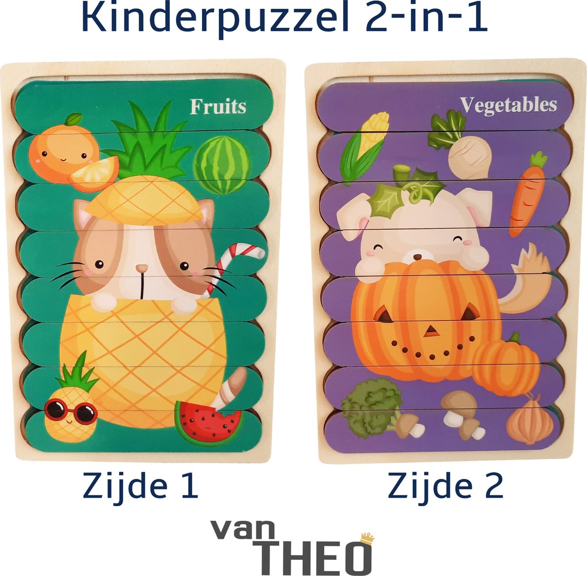 Houten Puzzel - Dubbelzijdige Kinderpuzzels - Set 2-in-1 - Montessori Speelgoed - Set Kat en Hond - Groenten en Fruit