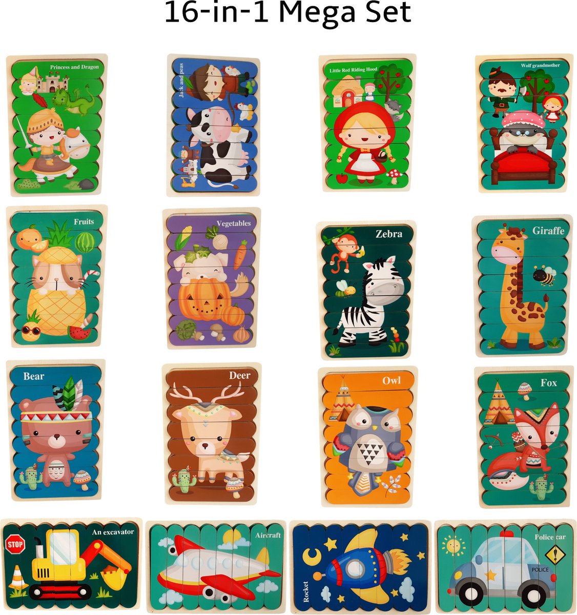 Houten Puzzel - Dubbelzijdige Kinderpuzzels - Voordeel Set 16-in-1 - Montessori Speelgoed